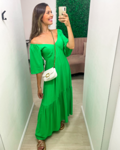 Vestido feminino longo com mangas decote v verde