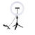 Aro de luz LED de 16 cm con trípode, ideal para fotografía y video, mostrando el diseño circular y soporte para teléfono.