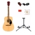 Guitarra acústica Fender FA-125 con accesorios, incluyendo púas, afinador, cuerdas y soporte.
