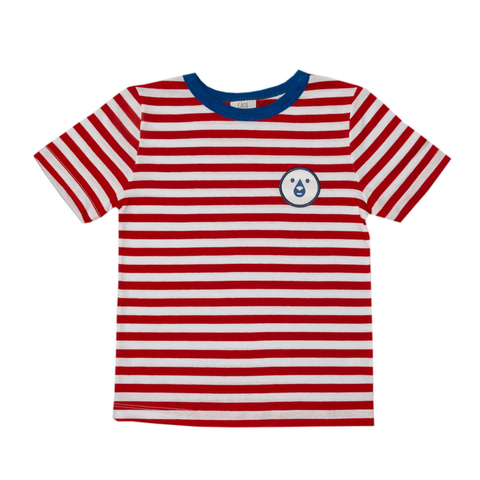 REMERA RAYADA ROJO Y CRUDA CON PARCHE CARITA