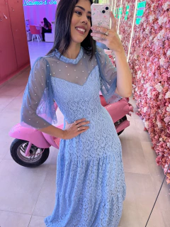 Vestido longo renda azul e pedrarias - comprar online