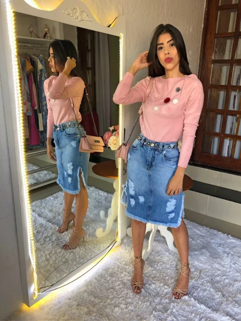 Saia jeans clara sem elastano