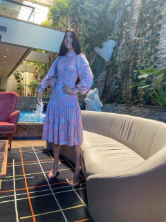 Rosa Midi estampado com tule de lurex