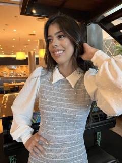 Vestido tweed cinza com detalhes de lurex e pérola - comprar online