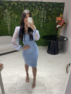 Vestido poa azul e prata na internet