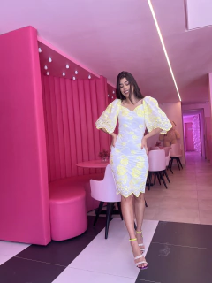 Vestido bordado e barrado neon na internet