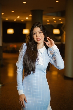 Vestido xadrez azul com lateral branca e golinha - Erica Rafaelly