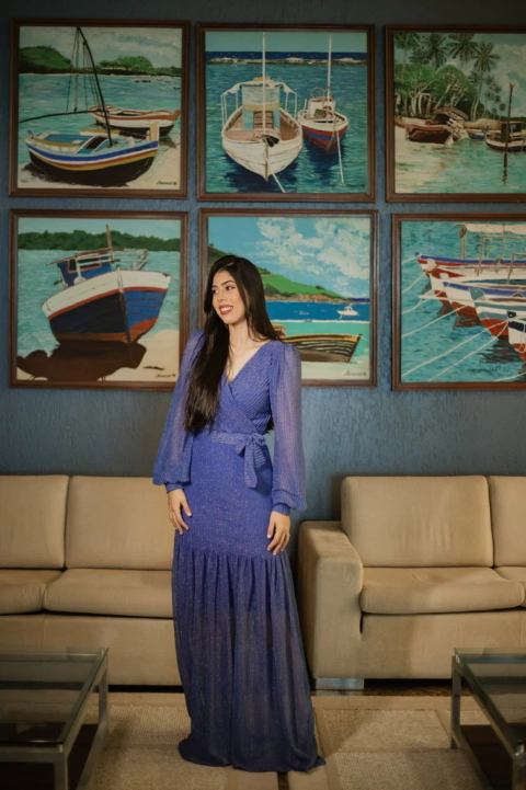 Vestido longo Lurex azul - comprar online