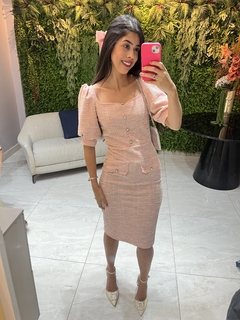 vestido twees rosa manga curta