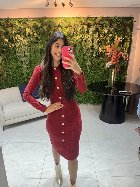 vestido tweed marsala com botoes