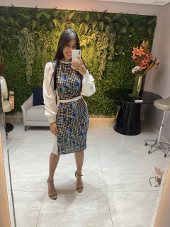 Vestido tubinho xadrez com lateral branco off - Erica Rafaelly