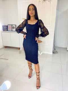 Vestido Preto babado/lurex com mangas de tule