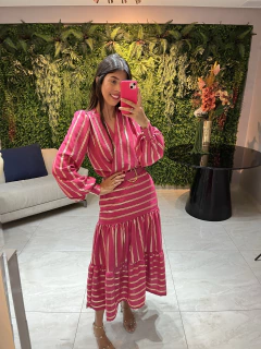 Vestido tecido rosa listrado dourado no - comprar online