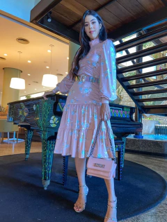 Rosa Midi estampado com tule de lurex