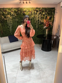 vestido crepe estampado e babados - comprar online