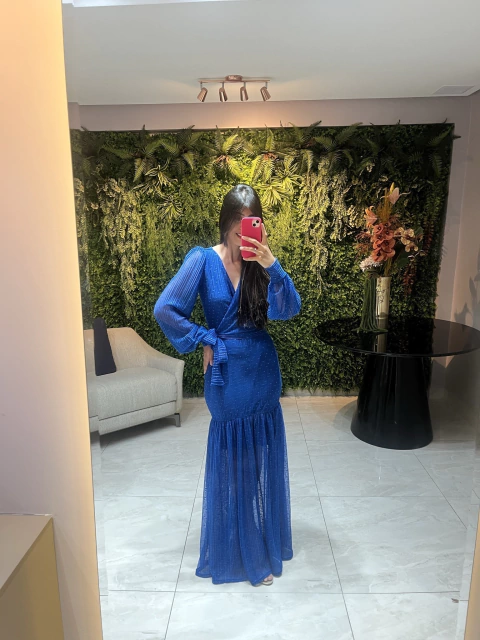 Vestido longo plissado azul royal