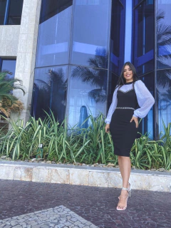 Preto com manga bufante de tule e detalhes em tweed - loja online