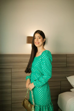 Vestido tecido linho verde com poa dourado - comprar online