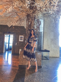 Vestido de renda mesclada preto com cinza