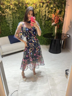 vestido tule bordado azul marinho - comprar online