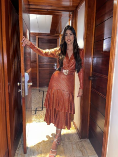 Vestido telha transpassado em malha com fios lurex - comprar online