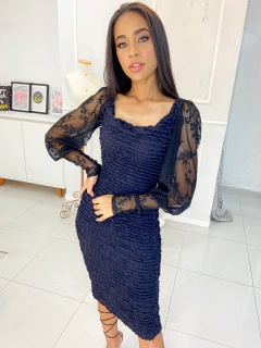 Vestido Preto babado/lurex com mangas de tule - Erica Rafaelly