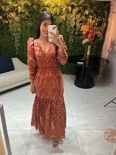 Vestido cambraia bordada terracota - loja online