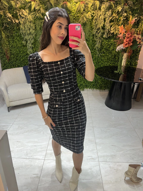 vestido tweed versao manga curta