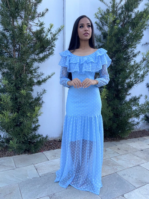 Vestido longo Azul poá