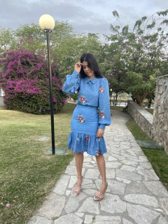 Vestido cambraia azul bordado - Erica Rafaelly
