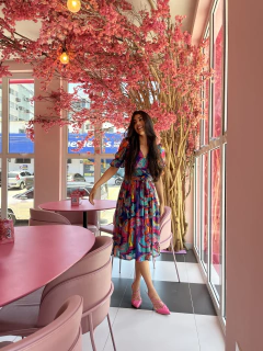 Vestido tule estampa alegre franzido - Erica Rafaelly