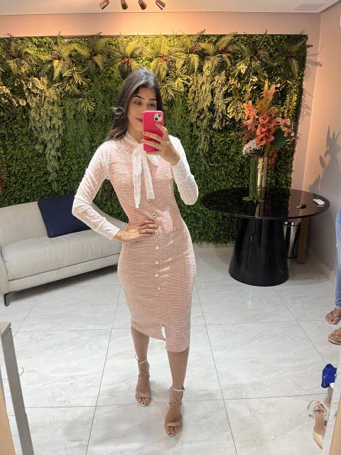 vestido sobreposição tweed rosa