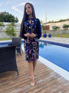 Vestido azul marinho em tule bordado - comprar online