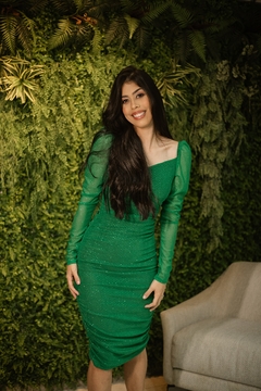 Vestido verde gliter drapeado lateral na internet