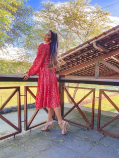 Vestido vermelho de renda rodado Midi - comprar online