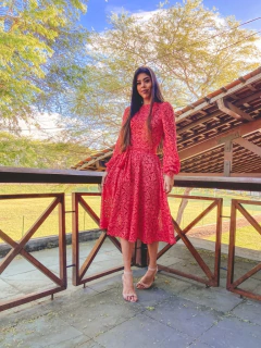 Vestido vermelho de renda rodado Midi - loja online
