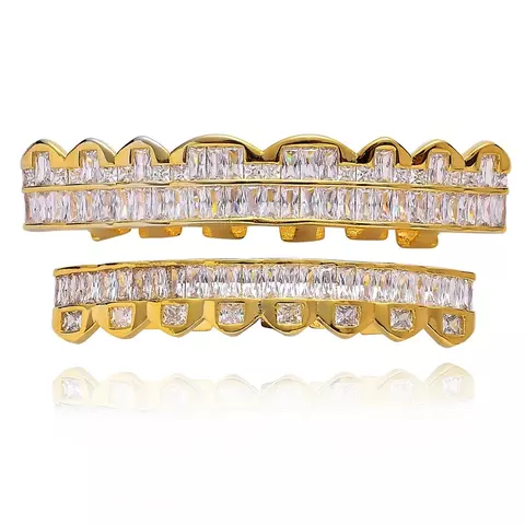 Parrilla para Dientes Grillz Zircon Full Cristal Baño de oro 14kl Dorado