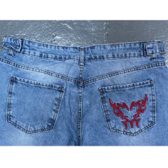 Pantalón Jean Baggy Celeste Corazón Bordado Cintura Regulable - tienda online