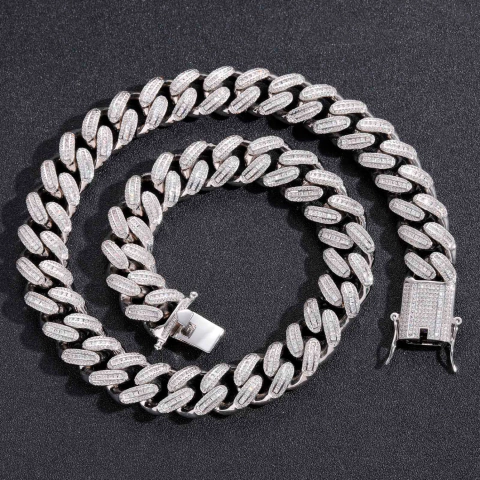 Cadena Cubana "ROMA" Baño de Oro Blanco 14K 18MM Zirconias - Mod 21 - 20 Inch - (220 USD)