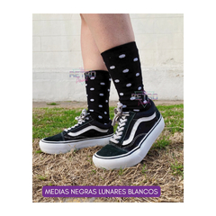 Medias Caña Alta Negra Lunar Blanco
