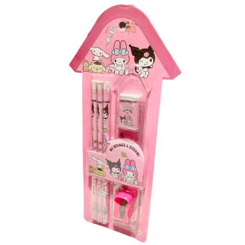 Set Escolar MyMelody Kuromi Sanrio Lapiz Regla Goma Sacapuntas Rosa