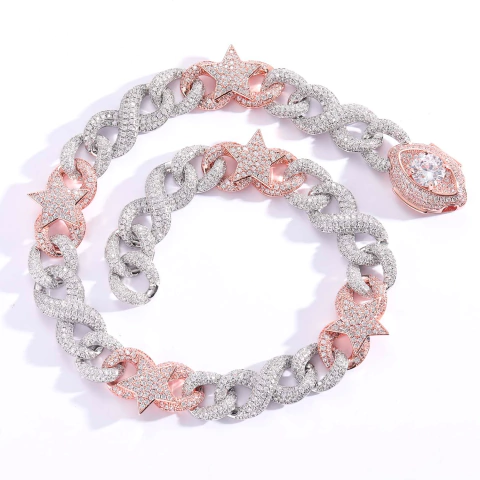 Cadena Cubana Estrellas 17MM Zirconias Y2K Trap Baño de Oro Blanco 14K - Mod 26 - 20 Inch - (250 USD)