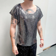 Remera Musculosa Brillos Strass Plateada - comprar online