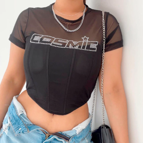 Top Y2K Cosmic Brillos Strass Microtul