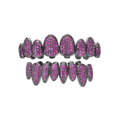 Parrilla Dientes Grillz Negro Baño Oro 14KL Diamante full Zircon Fucsia 8x8