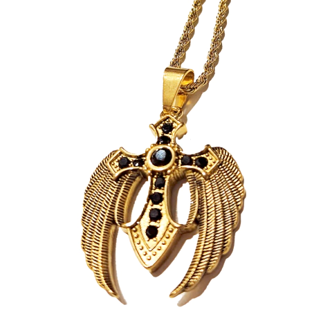 Cadena Dije Cruz Alas Aguila Piedras Onix - Dorada - comprar online