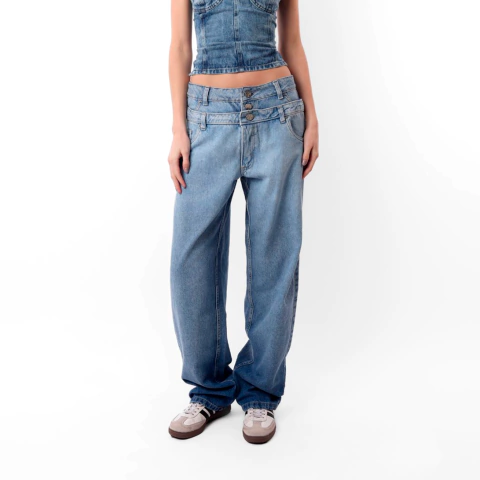 Jean Doble Cintura Celeste Baggy