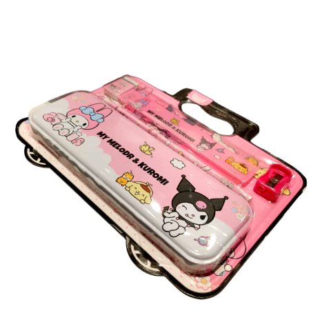 Set Escolar MyMelody Kuromi Sanrio Lapiz Regla Goma Sacapuntas Cartuchera ROSA