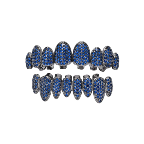 Parrilla Dientes Grillz Negro Baño Oro 14KL Diamante full Zircon Azul 8x8