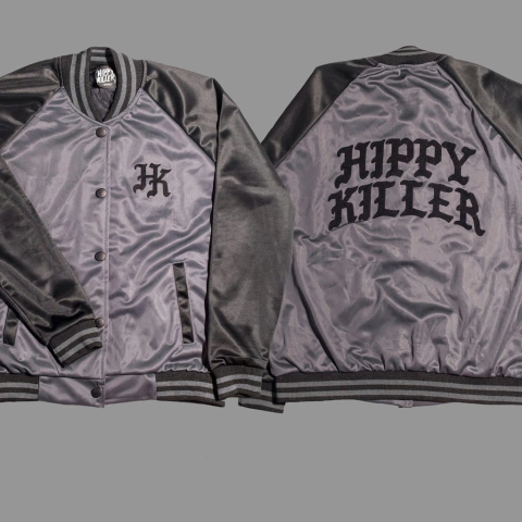 Campera Bomber Universitaria Varcity Creative gris y negra